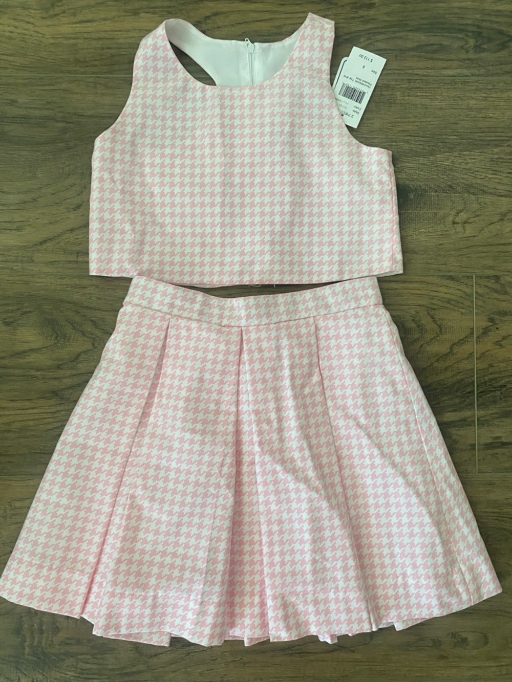 Florence Eiseman Girls Pink Houndstooth Two-Piece Crop Top & Skirt Set 8 NWT